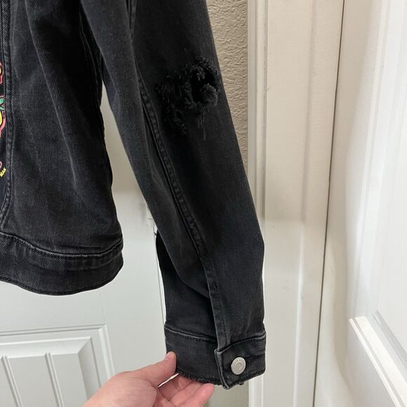 H&M Black Denim Jean Bad Vibes Check Your Ego Graphic Jacket Womens Size L - Picture 8 of 11